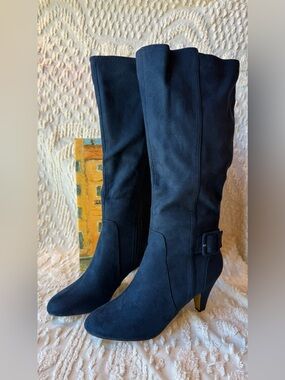 Bella Vita Navy Suede Knee-High Heeled Boots with Side Buckle #723